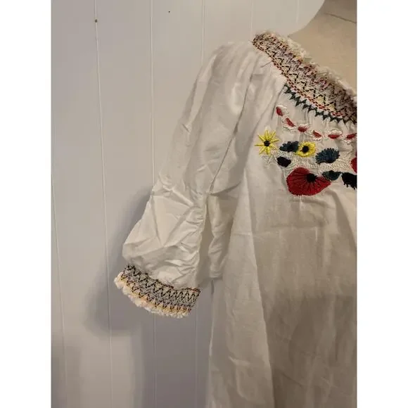 Voice Embroidered Tunic Womens XL White Boho Floral Peasant Top India Festival - Picture 5 of 12